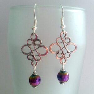 Handmade Silver Swirl Drop Earrings - Dangly Earrings with Purple Faceted Crystals