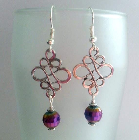 Handmade Silver Swirl Drop Earrings - Dangly Earrings with Purple Faceted Crystals