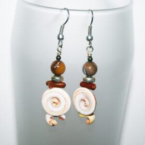 Handmade Spiral Shell Dangly Drop Earrings with Natural Brown Beads - Coastal Boho Style