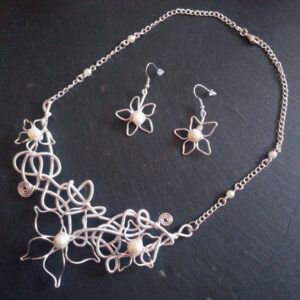 Handmade Structural Wirework Flower Necklace and Earring Set with Pearls - Elegant Silver Statement Jewellery