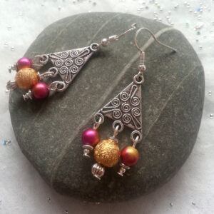 Handmade Triangle Chandelier Drop Earrings with Pink and Gold Beads - Boho Tribal Dangly Earrings
