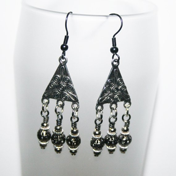 Handmade Triangle Chandelier Earrings with Gunmetal Filigree Beads - Boho Dangly Drop Statement Jewellery