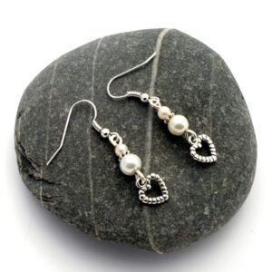 Handmade White Pearl Drop Earrings with Textured Silver Heart Charms - Elegant Dangly Gift for Her