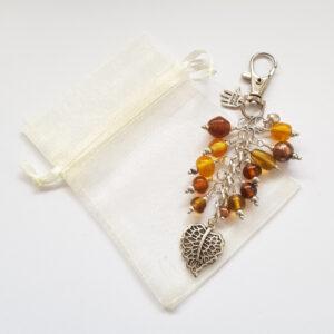 Handmade Yellow Beaded Bag Charm with Leaf - Amber And Gold Autumn Bag Clip Keyring