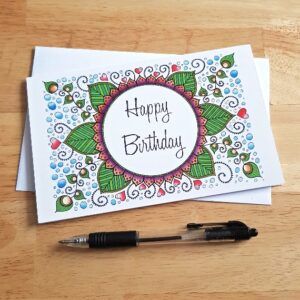Happy Birthday Card - Colourful Hand-Drawn Doodle Mandala Flower Design - Blank Inside