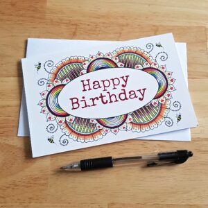 Happy Birthday Card - Hand-Drawn Doodle Design with Flowers Rainbows And Bees - Blank Inside