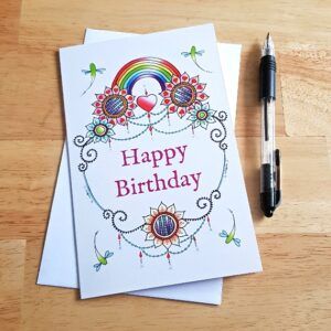 Happy Birthday Card - Hand-Drawn Doodle Design with Rainbow Flowers Hearts And Dragonflies - Blank Inside