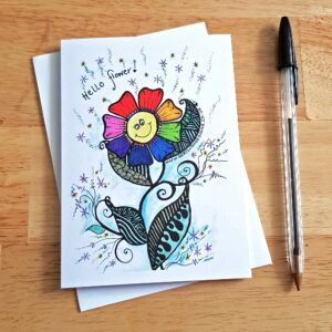 Hello Flower Card - Colourful Smiley Flower Greetings Card - Blank Inside - Any Occasion