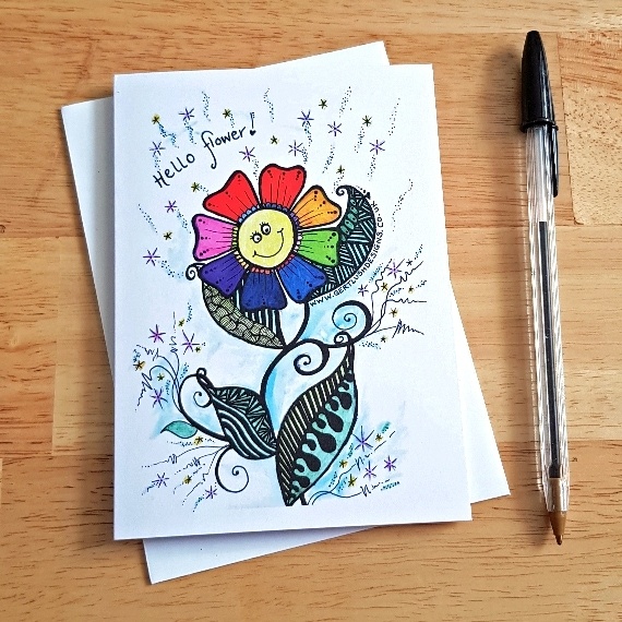 Hello Flower Card - Colourful Smiley Flower Greetings Card - Blank Inside - Any Occasion