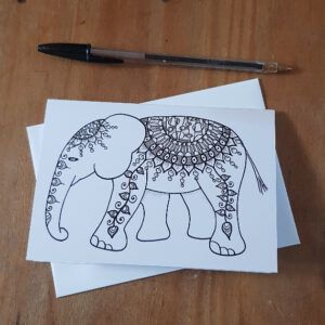 Henna Style Flower Power Elephant Card - Intricate Black And White Greetings Card - Blank for Any Occasion