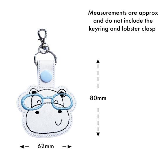 Hippo face keyring with glasses size guide, showing approximate measurements of 80mm high by 62mm wide.