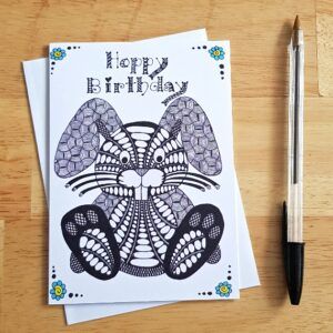 Hoppy Birthday Bunny Card - Hand-Drawn Zentangle Doodle Rabbit Design - Fun Birthday Greeting - Blank Inside
