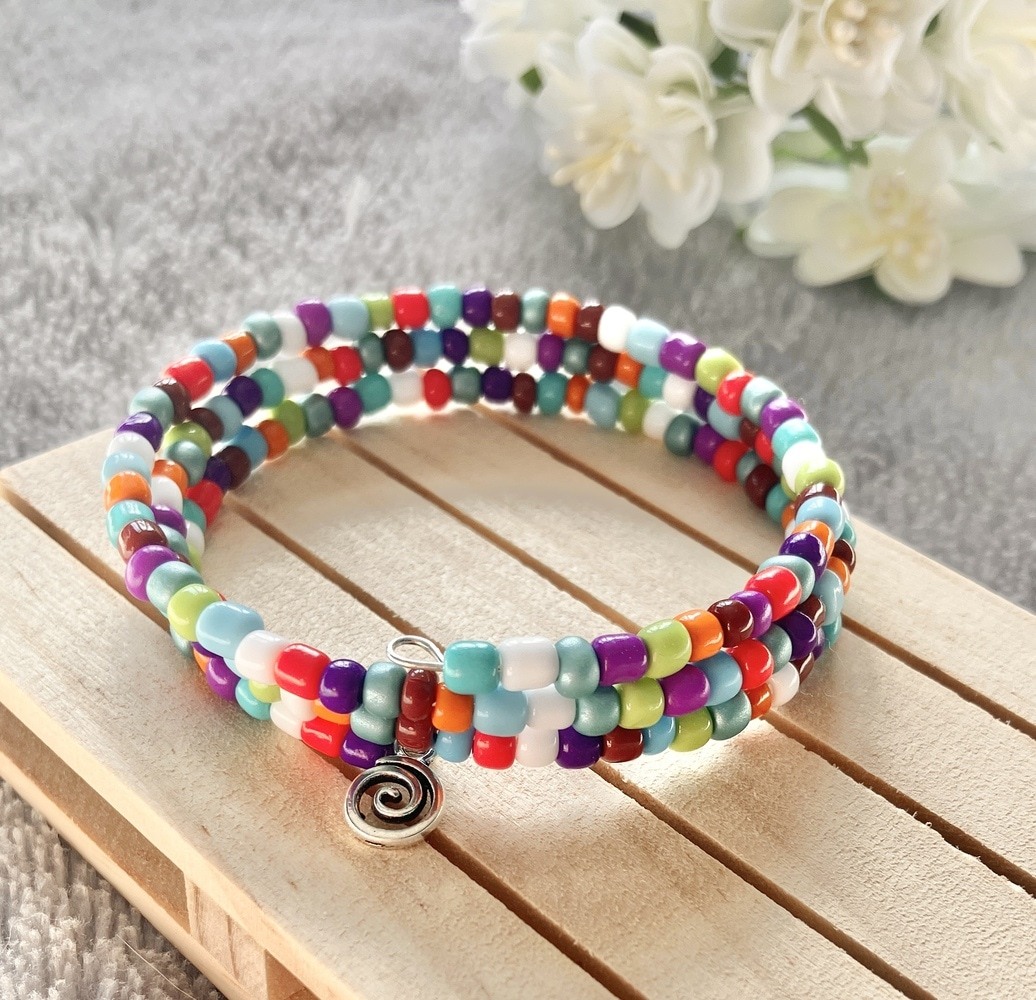 Coloured Seed Bead Memory Wire Bracelet