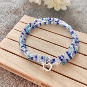 Blue Memory Wire Bracelet with Heart Charm