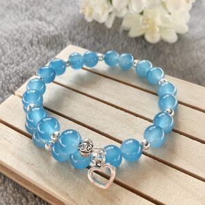 Blue Glass Bead Memory Wire Bracelet with Heart Charm