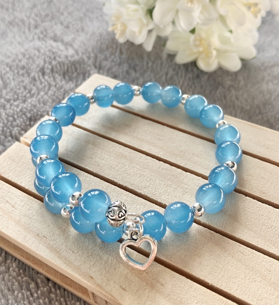 Blue Glass Bead Memory Wire Bracelet with Heart Charm
