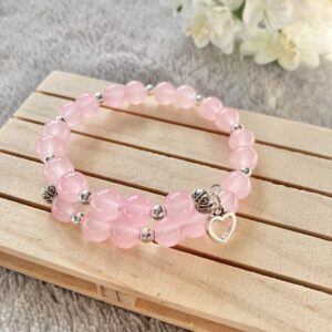 Pink Glass Bead Memory Wire Bracelet With Heart Charm