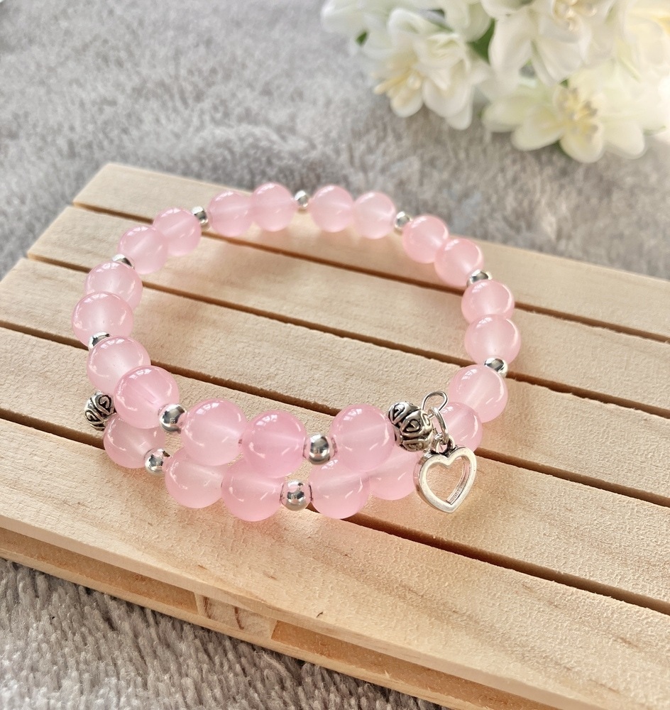 Pink Glass Bead Memory Wire Bracelet With Heart Charm