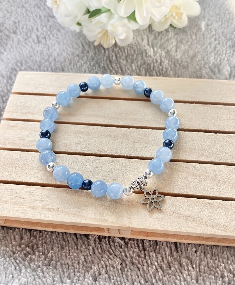 Aquamarine Stretch Bracelet with Flower Charm