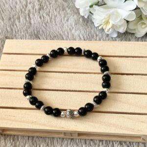 Black Beaded Stretch Bracelet with Silver Accents