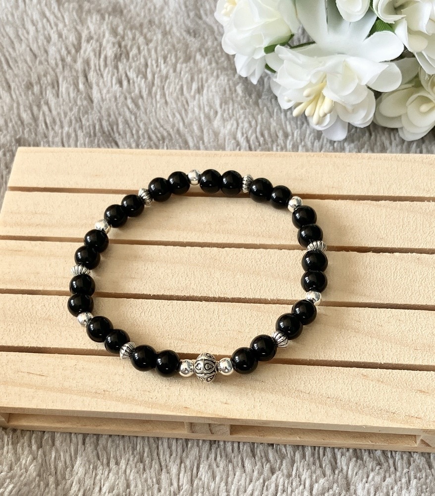 Black Beaded Stretch Bracelet with Silver Accents