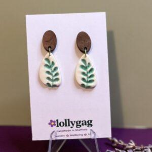 PetalLeaf Green Botanical Earrings – Polymer Clay and Walnut Wood Handmade in Sheffield by Lollygag Jewellery