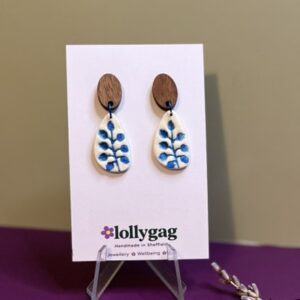 PetalLeaf Blue Botanical Earrings – Polymer Clay and Walnut Wood Handmade in Sheffield by Lollygag Jewellery
