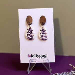 PetalBranch Purple Botanical Earrings – Polymer Clay and Walnut Wood Handmade in Sheffield by Lollygag Jewellery