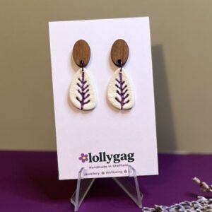 PetalFern Purple Botanical Earrings – Polymer Clay and Walnut Wood Handmade in Sheffield by Lollygag Jewellery