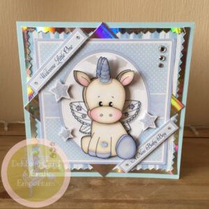 Gorgeous Cute Unicorn 5.5” square “New Baby” Card. Choice of Traditional Pink Girl or Blue Boy