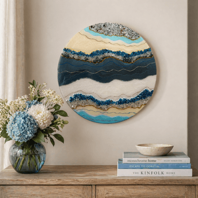 Stunning 30cm Resin Geode Art with blues and champagnes
