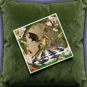 Jabberwock card on velvet cushion