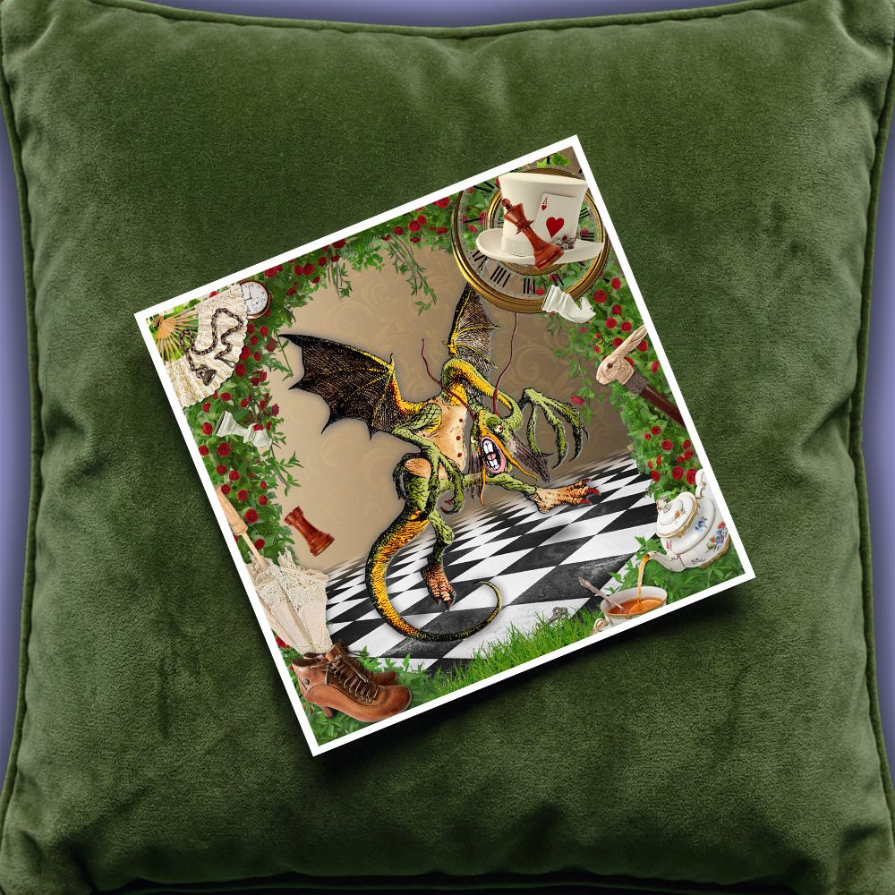 Jabberwock card on velvet cushion