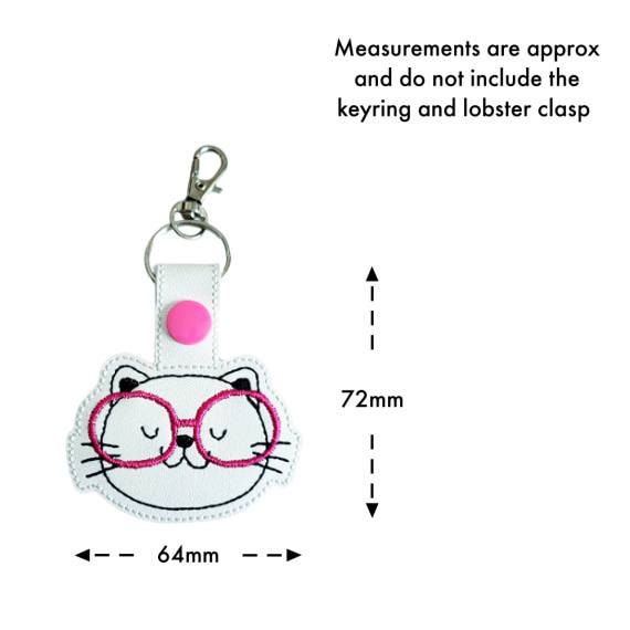 Kitten face keyring with glasses size guide, showing approximate measurements of 72mm high by 64mm wide.