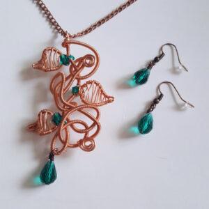 Limited Edition Handmade Chaos Vine Jewellery Set - Copper Wirework Necklace And Earrings with Green Crystals