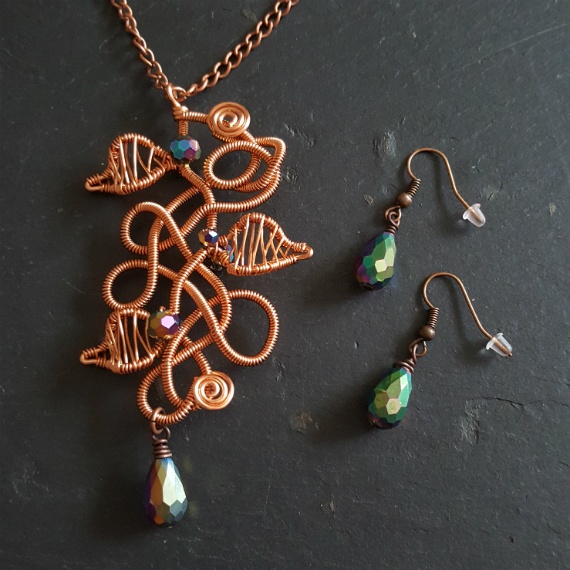 Limited Edition Handmade Chaos Vine Jewellery Set - Copper Wirework Necklace And Earrings with Rainbow Crystals