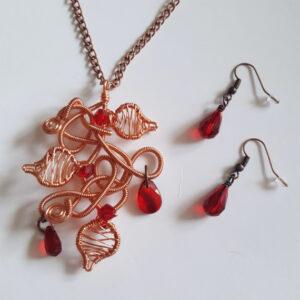 Limited Edition Handmade Chaos Vine Jewellery Set - Copper Wirework Necklace And Earrings with Red Crystals