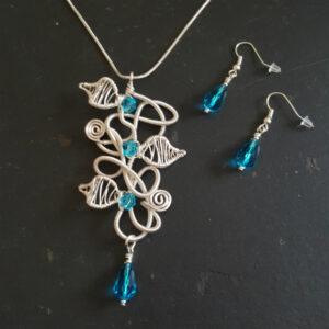 Limited Edition Handmade Chaos Vine Jewellery Set - Silver Wirework Necklace And Earrings with Blue Crystals