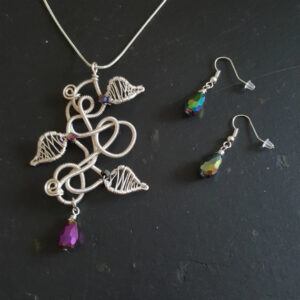 Limited Edition Handmade Chaos Vine Jewellery Set - Silver Wirework Necklace And Earrings with Rainbow Crystals