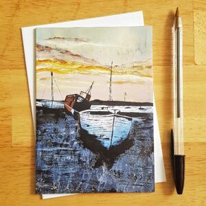 Low Tide Sunset Card - Blank Greetings Card Featuring Acrylic Painting of Boats at Dusk