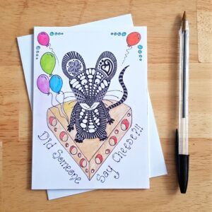 Mouse Birthday Card - “Did Someone Say Cheese - Hand-Drawn Doodle Design with Balloons And Cake - Fun Animal Greeting - Blank Inside