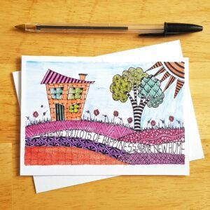 New Home Card - Hand-Drawn Doodle Illustration with Colourful Landscape and House - Moving House Greeting - Blank Inside