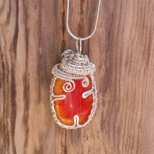 OOAK Handmade Fused Glass Pendant Necklace - Orange Flame with Silver Wire Wrap - Unique Artisan Wirework Jewellery UK