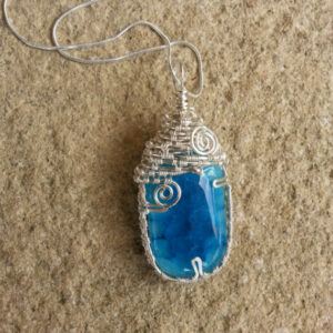 One of a Kind Handmade Fused Glass Pendant - Blue Wirework Wrapped Necklace - Artisan Statement Jewellery Gift UK