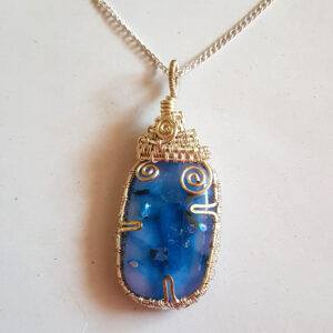 One of a Kind Handmade Fused Glass Pendant Necklace - Blue And Lilac Wirework Wrapped Artisan Jewellery