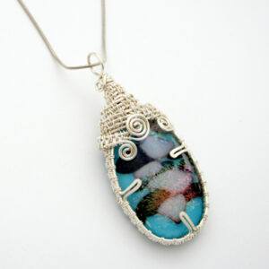 One of a Kind Handmade Fused Glass Pendant Necklace - Iridescent Blue Sparkle with Silver Wirework - Artisan Statement Jewellery UK