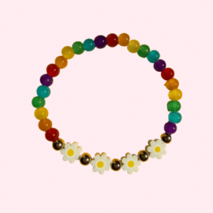 Spring Pride Bracelet with Rainbow Glass Beads and Daisy Accents