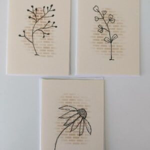 Pack 3 blank greeting cards with brick stencil and black ink floral doodles