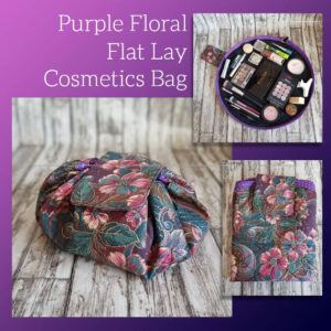 Purple Floral Flat Lay Drawstring Makeup Bag - Eco-Friendly Cosmetic Organiser from Repurposed Vintage Fabric