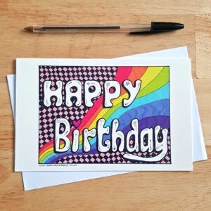 Rainbow Doodle Happy Birthday Card - Colourful Hand Drawn Design with Checkered Background